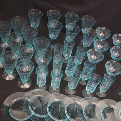 Vintage Blue Etched Glassware Set | 45 Piece Stemware & Plates | Floral Motif