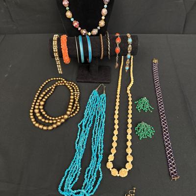 Vintage & Costume Jewelry Lot – Art Glass, Carved Rose Bracelet, Beaded Necklaces & More