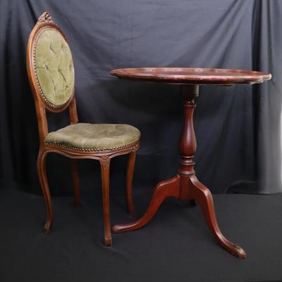 Antique Pedestal Table & Carved Side Chair | Tufted Velvet | Ornate Vintage Pair