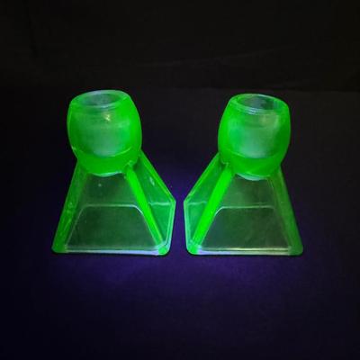 Pair of Uranium Glass Candle Holders – Glows Under Blacklight