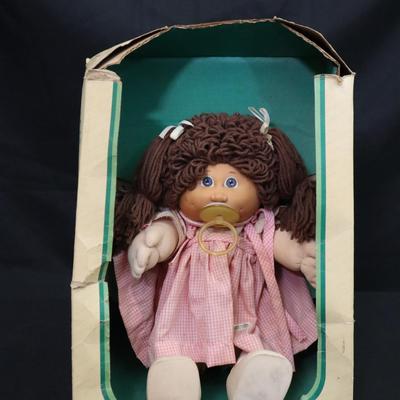 1983 Cabbage Patch Kids Doll by Coleco | Original Box | Brown Yarn Hair, Pink Gingham Dress