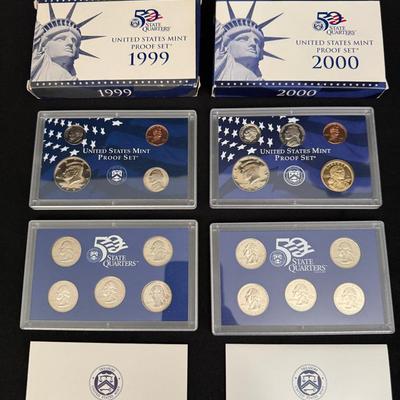 1999 & 2000 U.S. Mint Proof Sets – State Quarters + Full Coin Sets with COAs