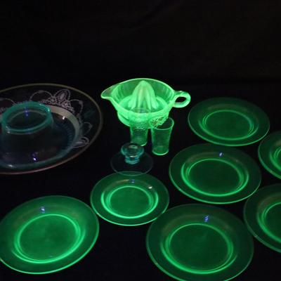 Vintage Uranium Glass Collection | 13 Pieces | Plates, Juicer, Glassware | Glows Under UV Light
