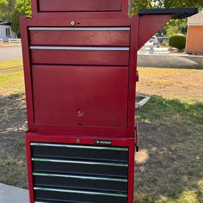 Benchtop & Husky 2-Piece Tool Cabinet | Rolling Tool Chest with Hand Tools, DeWalt Bits & More

