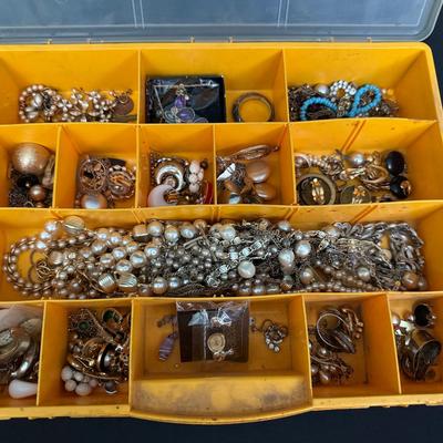 Vintage Costume Jewelry Lot in Organizer – Beads, Chains, Brooches & More