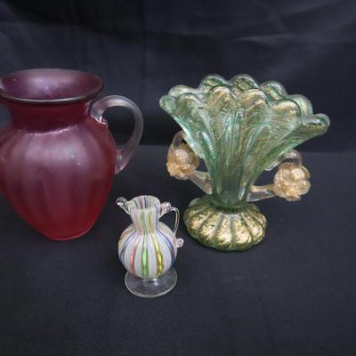 Art Glass Accent Trio | Murano-Style Mini Ewer, Frosted Pitcher, Gold-Fleck Vase