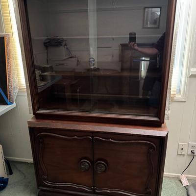 Vintage Wood Display Cabinet with Glass Hutch | 2 Drawers & Storage | 40"x15"x62"