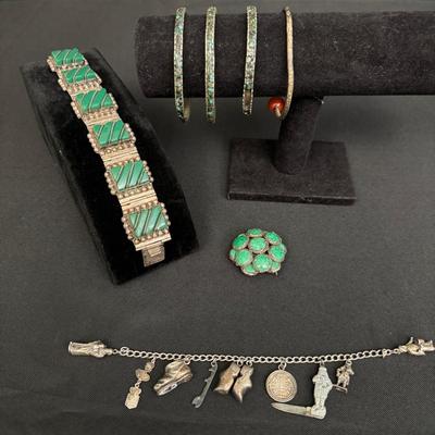 Vintage Silver Tone Jewelry Lot | Green Stone Bangles, Charm Bracelet, Art Deco Style