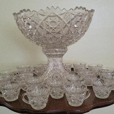 Vintage Pressed Glass Punch Bowl Set | 24 Matching Cups | Ornate Starburst Pattern
