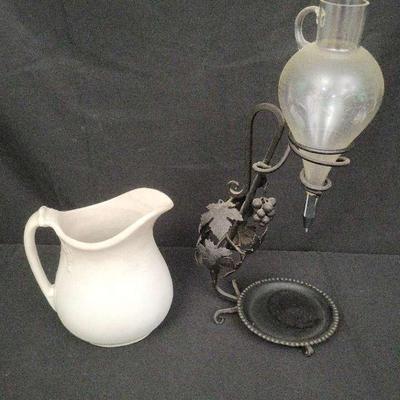 Antique E. & C. Challinor Stone China Pitcher & Vintage Etched Glass Wine Dispenser