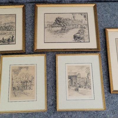 Framed Vintage Landscape Etchings – Set of 5 Ink Prints Featuring Bridges, Trees & Town Scenes