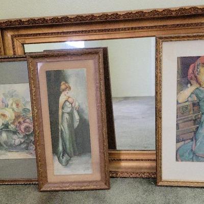 Vintage Framed Prints & Ornate Mirror | Victorian Style Wall Art & Floral Still Life