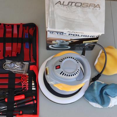 AutoSpa 9–10" Car Polisher with Bonnets + 41pc Trim Removal Tool Set | Car Detailing Kit