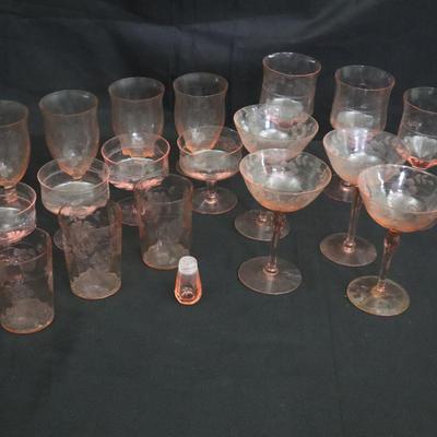 Pink Depression Glass Drinkware | Mixed Styles | Etched Tumblers, Goblets, Coupes & Salt Shaker