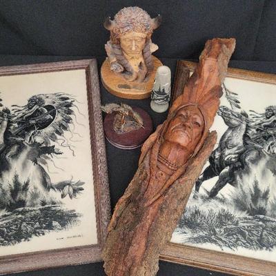 Native American Decor Lot | Framed Warrior Prints, Wood Carving, Figurines, Thimble