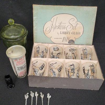 Vintage Barware Lot – Libbey Glass Hostess Set w/ Box, Jar, Cocktail Mixer & Picks