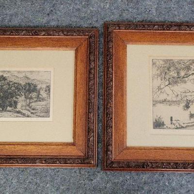 Pair of Framed Vintage Landscape Etchings – Rustic & Riverbank Scenes