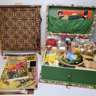 Vintage Sewing Box With Sewing Notions, Plus Craft & Art Technique Books