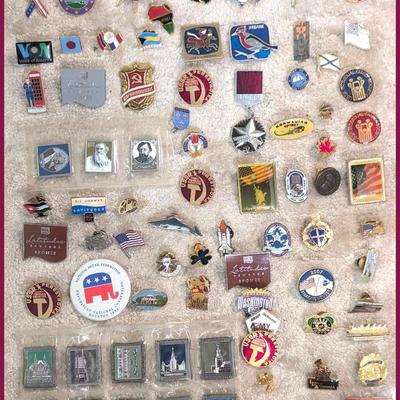 Vintage Domestic & Foreign Pins (80+) – Patriotic, Travel, Political Themes