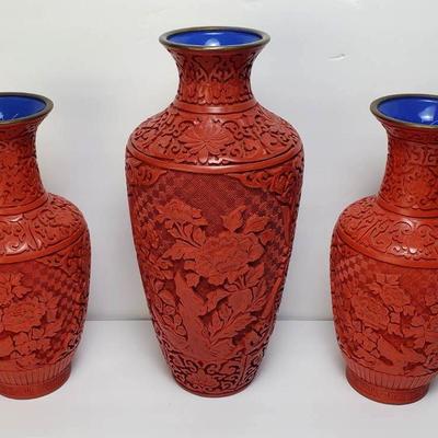 Chinese Carved Cinnabar Lacquer Vases – Blue Enamel, 12, 10 & 10"