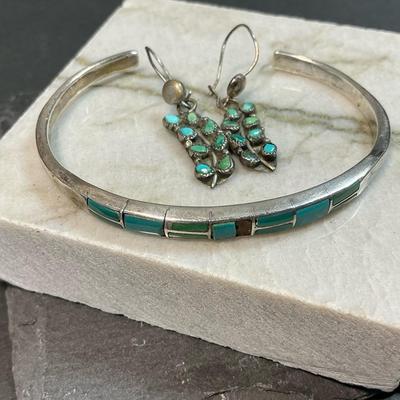 Sterling Silver Inlaid Turquoise Cuff Bracelet And Earring Set 
