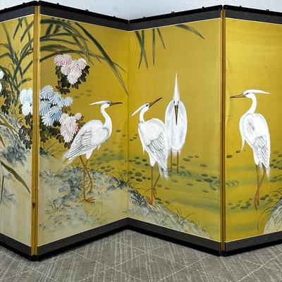 Hand-Painted Asian Silk Folding Room Divider – Vintage 4-Panel (17x36") Screen