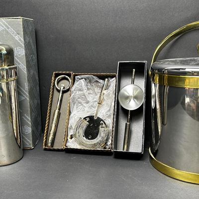 PM Silverplate Cocktail Shaker, Jigger, Bottle Opener & Strainer; Plus Ice Bucket