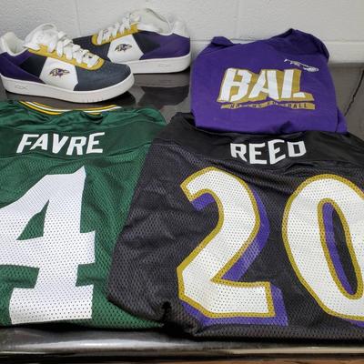 Ravens Reebok Sneakers (Sz 11), Reed Jersey (3XL), Long Sleeve (Majestic), Favre Jets Jersey (4XL)