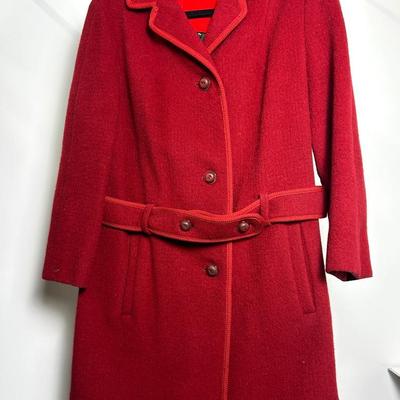 Vintage Red Belted Wool Coat W/ Printed Lining - Size 9/10