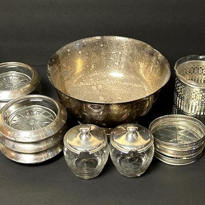 Sterling Silver 7" Bowl And Accented Coasters, Votive Holder, Jelly Jars