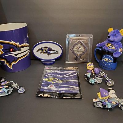 Baltimore Ravens Motorcycle Figurines, Logo Stand, 1999 Salvino's Bear, Bucket, Mug + More