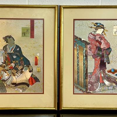 Hosoda Eishi Japanese Foil Art Pair (18.5 x 23)