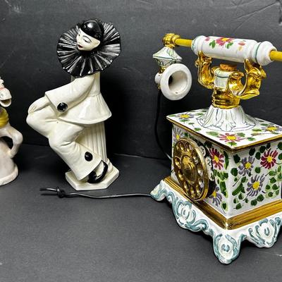 Vintage Porcelain Pierrot Figurine 10", Carousel Horse Teapot & Famous Firsts Bourbon Decanter 11"