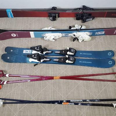 Brahma 88 Skis 174cm, Rossignol Trixie 137cm, Blizzard Sheeva Jr 106cm, Plus Poles 