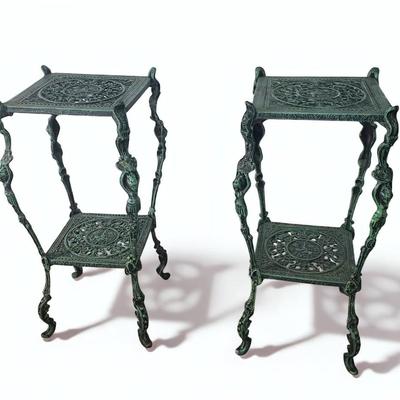 Vintage Art Nouveau Cherub Pedestal Plant Stands – Victorian Style Cast Metal, 13x13x29"