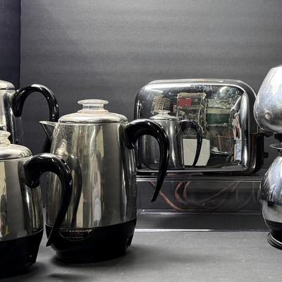 Vintage Farberware & Sunbeam Electric Coffee Percolators (#134,138,142,C40) + Toastmaster Toaster