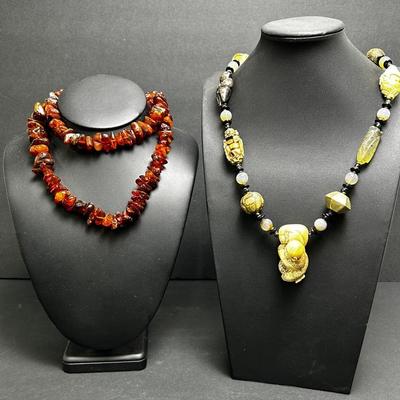 Amber Necklace & Carved Bone Buddha Necklace 