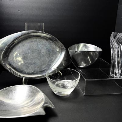 Nambe Metal Bowls & Tray, Plus Lenox Crystal Vase 8”h & Glass Bowl