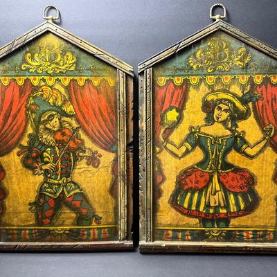 Vintage Harlequin Violinist & Tambourine Musician Wood Panels - 18x12" Framed
