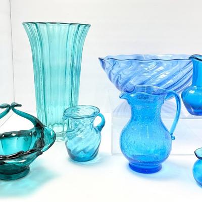 Vintage Green Glass Murano-Style Vase (11") & Twisted-Handle Dish (6") + Blue Glass Collection