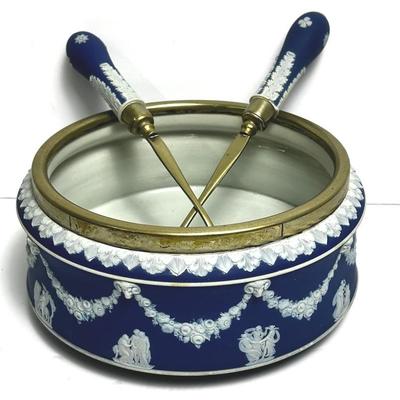 Wedgwood Blue Jasperware 9” Diameter Salad Bowl With Serving Utensils