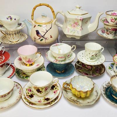 Vintage Bone China Tea Cups with Saucers (18) & Teapots – Royal Albert, Old Royal, Paragon, More