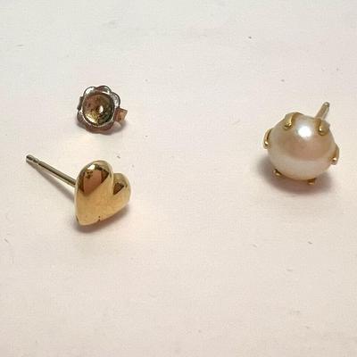 14K Gold (Tested) Pearl & Heart Earring Singles, Plus 10K Gold Marked Backing