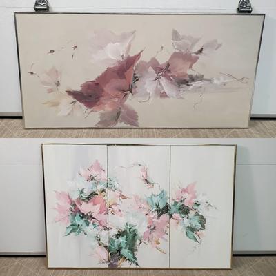 Vintage Framed Mixed Media Lotus Flower Art – 48x24" & 45x30" Wall Decor Set