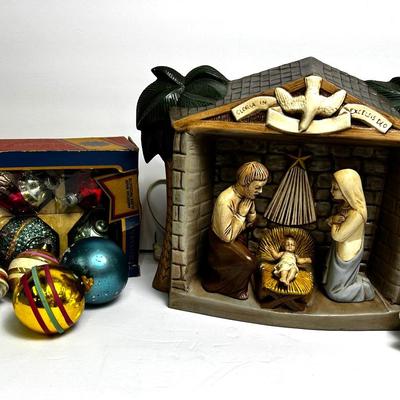 Vintage Christmas: Holland Mold Nativity, Table Lighter & Ashtray Set, Glass Ornaments