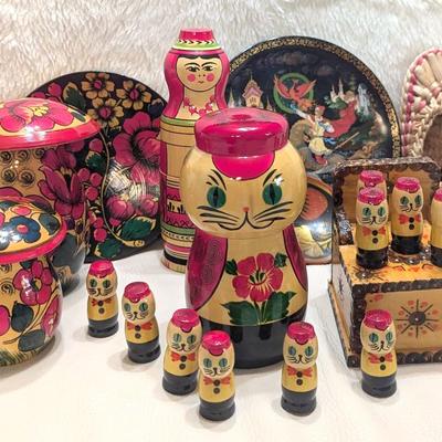 Vintage Russian Hand-Painted Nesting Dolls – 7" Kitty & 8" Bottle Holder; Mushrooms, Boxes, Plates