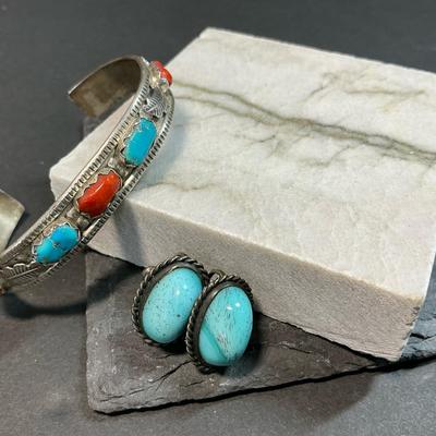 Native American Stamped Zuni Turquoise And Coral Cuff Bracelet 