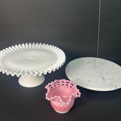 Vintage Fenton Milk Glass Cake Stand (13") & Dusty Rose Dish (5") + White Marble Lazy Susan (12")  