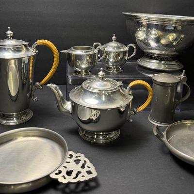 Vintage Kings Quality Pewter Coffee & Tea Set, Shirley Hadnd Hammered Bowl 9.5” Diameter, More
