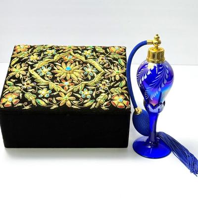 Vintage Beaded Velvet Jewelry Box (8x7x4") & 8" Blue Cut Glass Bohemian Style Perfume Bottle 